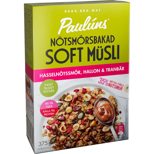Paulúns Soft Müsli Nötsmörbakad Hasselnötssmör/Hallon/Tranbär