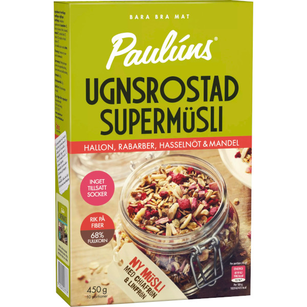 Paulúns Supermüsli Ugnsrostad Hallon/Rabarber/Hasselnöt/Mandel