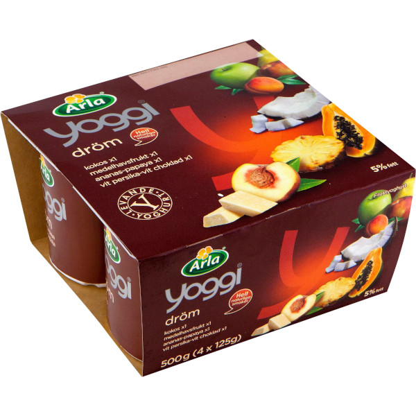 Yoggi Yoghurt Dröm Kokos/Medelhavsfrukt/Ananas & Papaya/Vit Persika & Vit Choklad