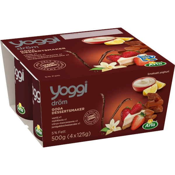 Yoggi Yoghurt Dröm Vanilj/Mjölkkola/Citrus-Mascarpone/Jordgubbscheesecake